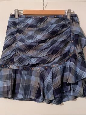 Veronica Beard Navy and Light Blue Plaid Ruffle Skirt